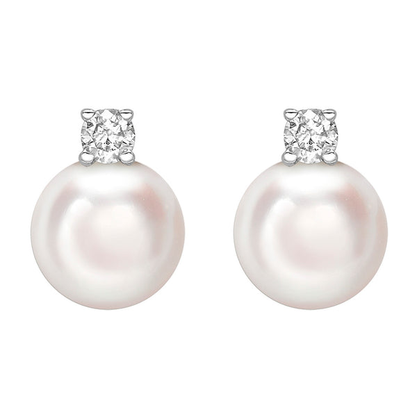 18ct White Gold Akoya Cultured Pearl and Round Brilliant Cut Diamond Stud Earrings