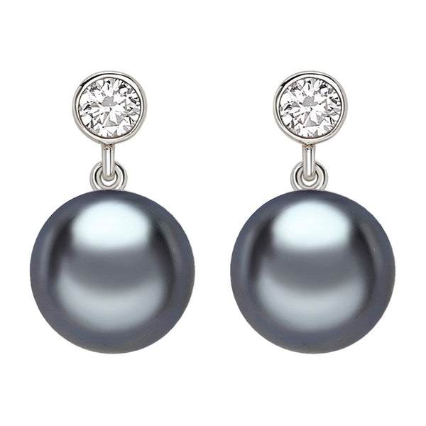 18ct White Gold Tahitian Cultured Pearl and Round Brilliant Cut Diamond Drop Earrings