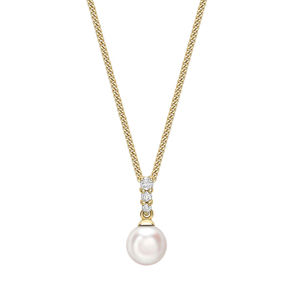 18ct Yellow Gold Akoya Cultured Pearl and Diamond Pendant and Chain