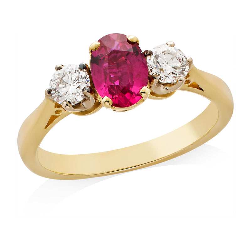 18ct Yellow and White Gold Four Claw Set Oval Cut Ruby and Round Brilliant Cut Diamond Ring