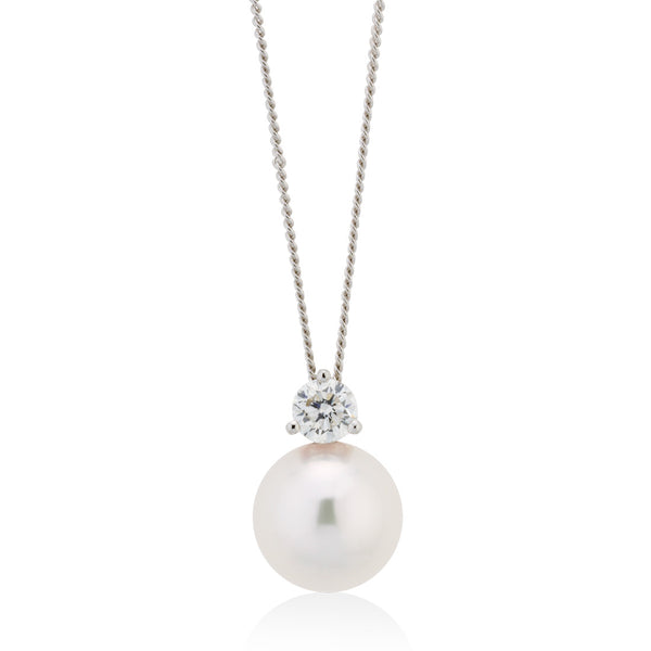 18ct White Gold Akoya Cultured Pearl and Diamond Pendant and Chain