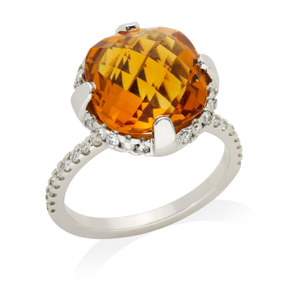 18ct White Gold Four Claw Set Briolette Cut Citrine and Round Brilliant Cut Diamond Ring