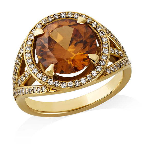 18ct Yellow Gold Brown Zircon and Diamond Cluster Ring