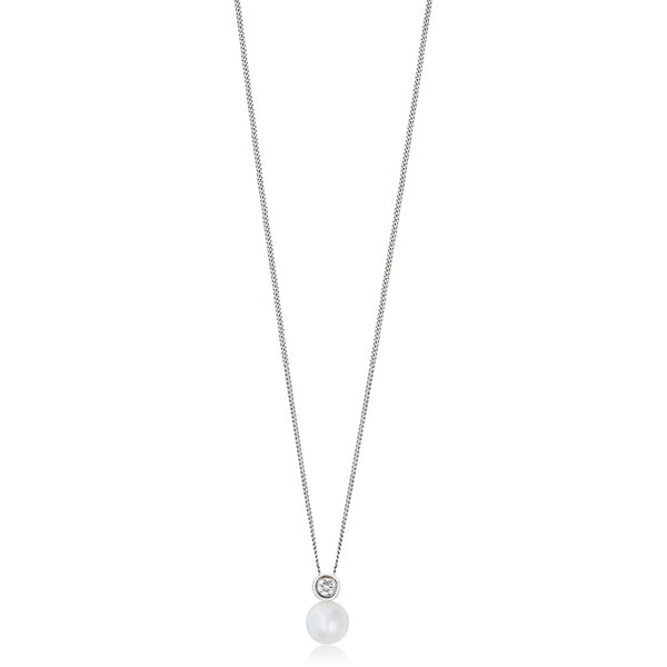 18ct White Gold Akoya Cultured Pearl and Diamond Pendant and Chain