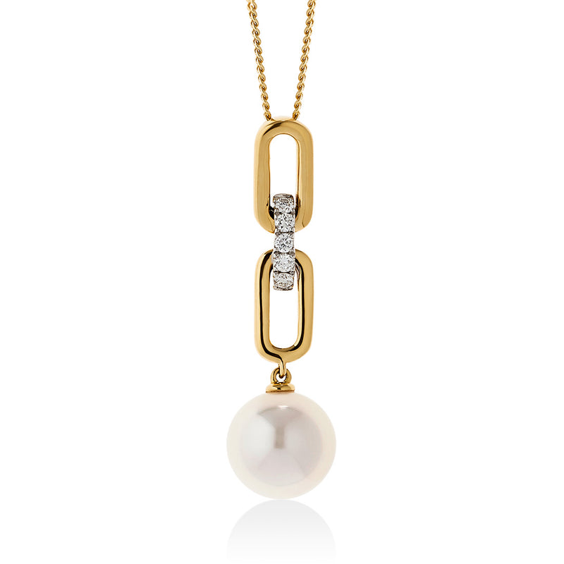 18ct Yellow and White Gold Akoya Cultured Pearl and Diamond Pendant and Chain