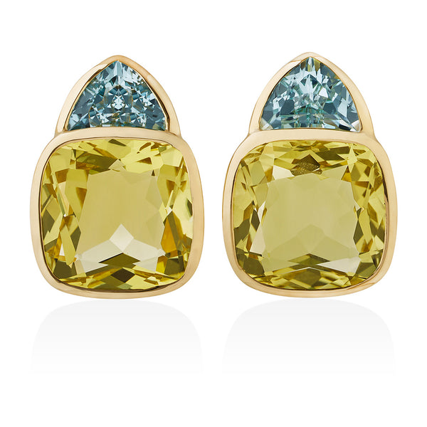 18ct Yellow Gold Rub Set Cushion Cut Lemon Quartz and Trapeze Cut Blue Topaz Stud Earrings