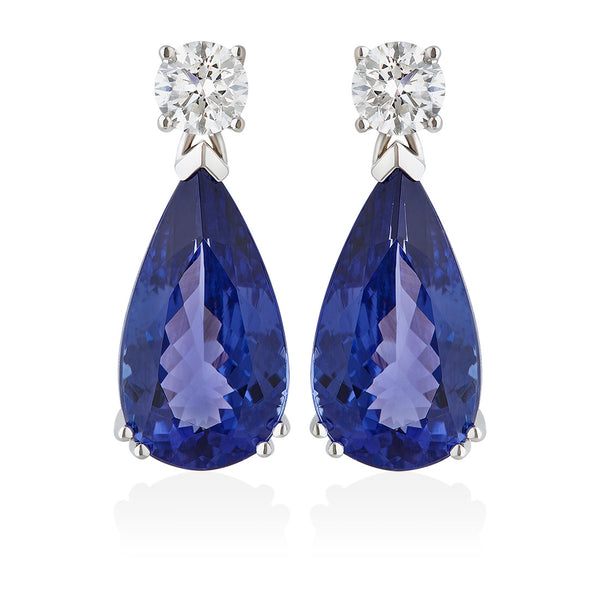 18ct White Gold Five Claw Set Pear Shaped Tanzanite and Round Brilliant Cut Diamond Drop Earrings