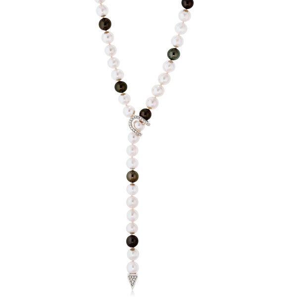 18ct White Gold Akoya Cultured Pearl and Tahitian Cultured Pearl Lariat Necklace