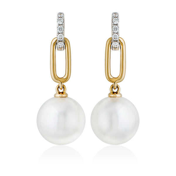 18ct Yellow Gold Akoya Cultured Pearl and Round Brilliant Cut Diamond Drop Earrings