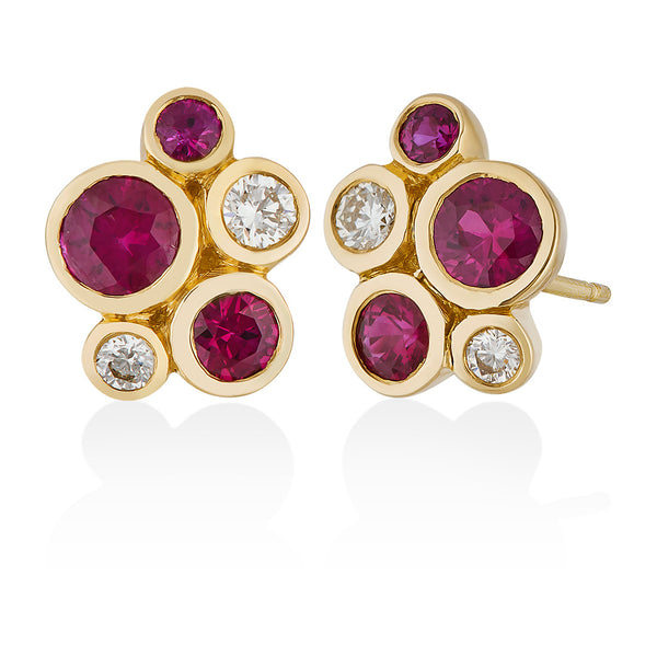 18ct Yellow Gold Round Cut Ruby and Round Brilliant Cut Diamond Cluster Stud Earrings