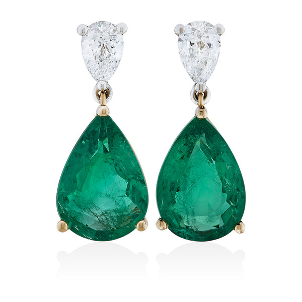 18ct Yellow and White Gold Three Claw Set Pear Shaped Emerald and Pear Cut Diamond Drop Earrings