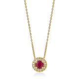 18ct Yellow Gold Four Claw Set Round Cut Ruby and Round Brilliant Cut Diamond Halo Cluster Pendant and Chain