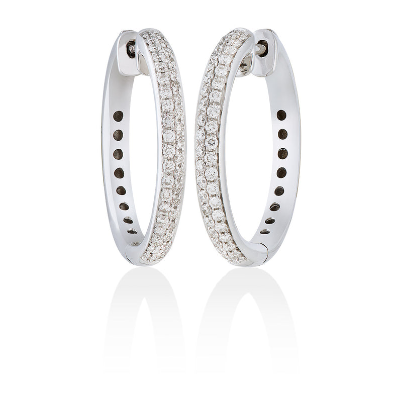 18ct White Gold Pave Set Round Brilliant Cut Diamond Hoop Earrings