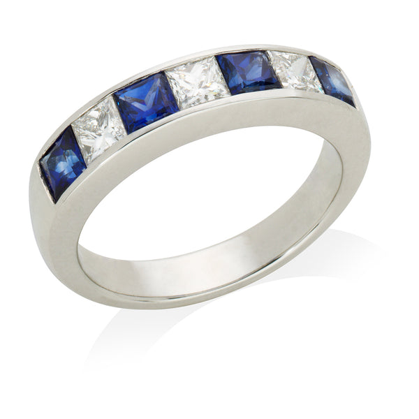 Platinum Rub Set Square Cut Sapphire and Princess Cut Diamond Half Eternity Ring