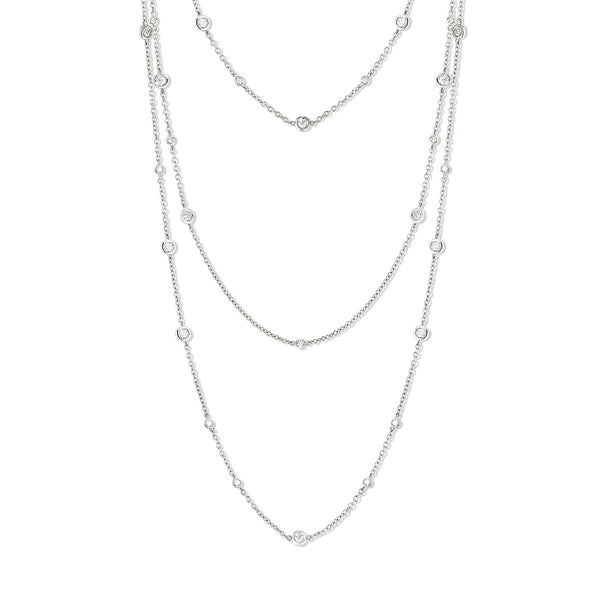 18ct White Gold Rub Set Round Brilliant Cut Diamond Three Strand Necklace