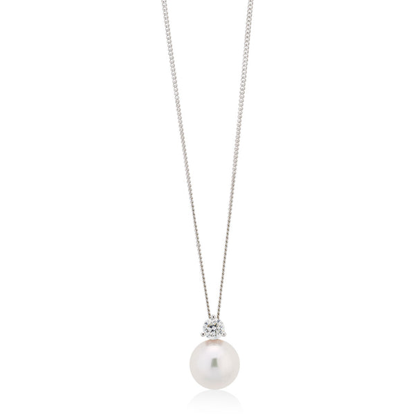 18ct White Gold Akoya Cultured Pearl and Diamond Pendant and Chain