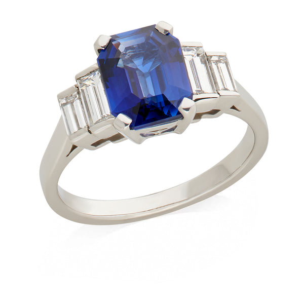 Platinum Five Stone Four Claw Set Emerald Cut Sapphire and Baguette Cut Diamond Ring