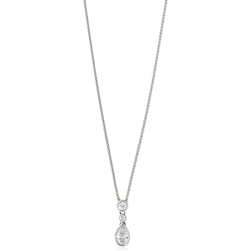 18ct White Gold Rub Set Pear Shaped Diamond and Round Brilliant Cut and Diamond Drop Pendant and Chain