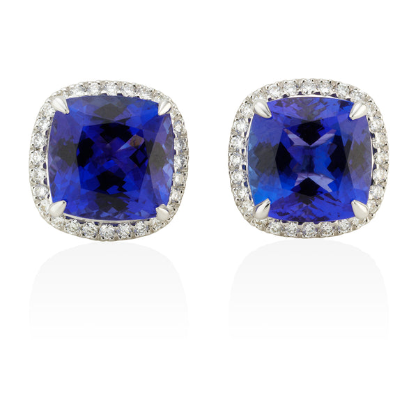 Platinum Cushion Cut Tanzanite and Diamond Halo Cluster Stud Earrings