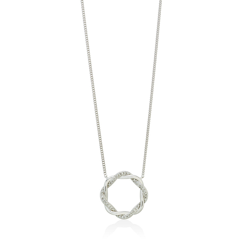 18ct White Gold Pave Set Round Brilliant Cut Diamond Circular Pendant and Chain