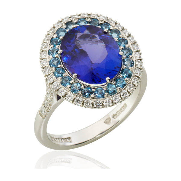 Platinum Tanzanite Aquamarine and Diamond Double Halo Cluster Ring