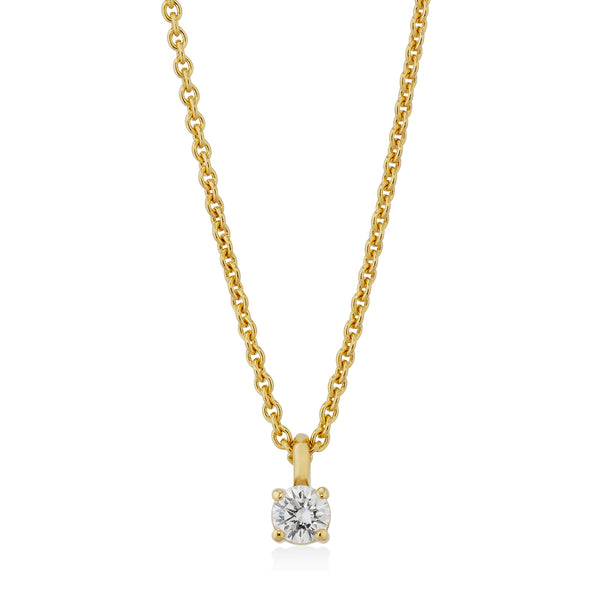 18ct Yellow Gold Four Claw Set Round Brilliant Cut Diamond Pendant and Chain